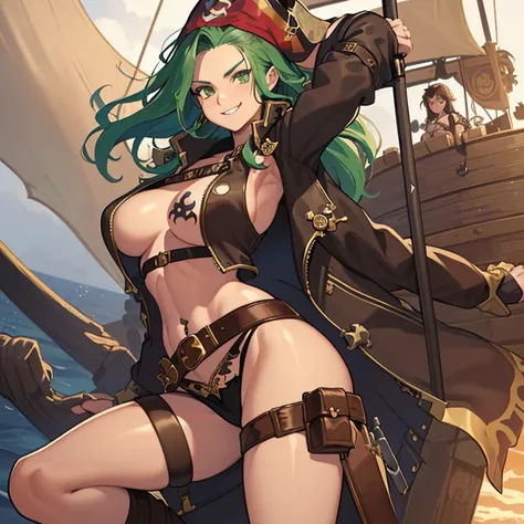 ((1 pirate woman, belt on her pussy with a sword, brown shorts with open zip, bare breasts, skull tattoo on her arms)),((medium breasts)),((very large pubic hair)),((large hair brown)),((green eyes, smile)),((facing the viewer)),((on a pirate ship, at sea ...