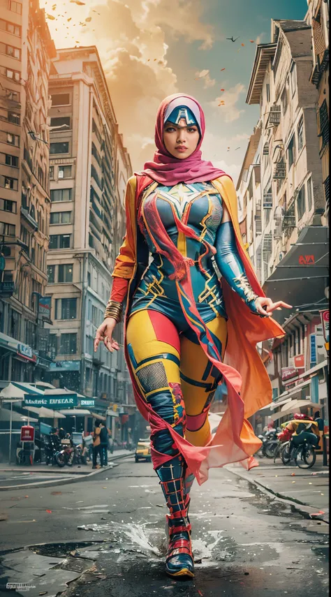 Create a dynamic and action-packed photomanipulation reminiscent of Marvel superhero movies. Feature the Malay girl in hijab showcasing her unique superpowers in a cityscape, surrounded by vivid colors and high-energy effects