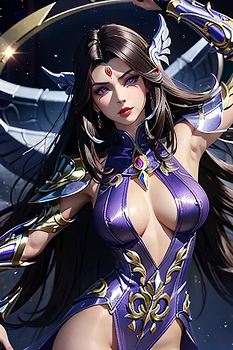 There is an adult European woman , Saint Seiya , Unicorn  Purple Cloth, Dark hair, red lips, Eye shadow, natural makeup, long curved hait, beautiful chest, Second Life Avatar, Beautiful screenshot, Second Life, attractive woman, high quality, highly detail...