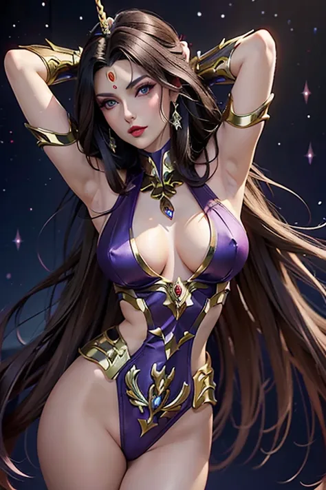 There is an adult European woman , Saint Seiya , Unicorn  Purple Cloth, Dark hair, red lips, Eye shadow, natural makeup, long curved hait, beautiful chest, Second Life Avatar, Beautiful screenshot, Second Life, attractive woman, high quality, highly detail...