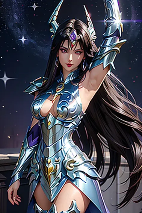 There is an adult European woman , Saint Seiya , Unicorn Purple armor, Dark hair, red lips, Eye shadow, natural makeup, long curved hait, beautiful chest, Second Life Avatar, Beautiful screenshot, Second Life, attractive woman, high quality, highly detaile...