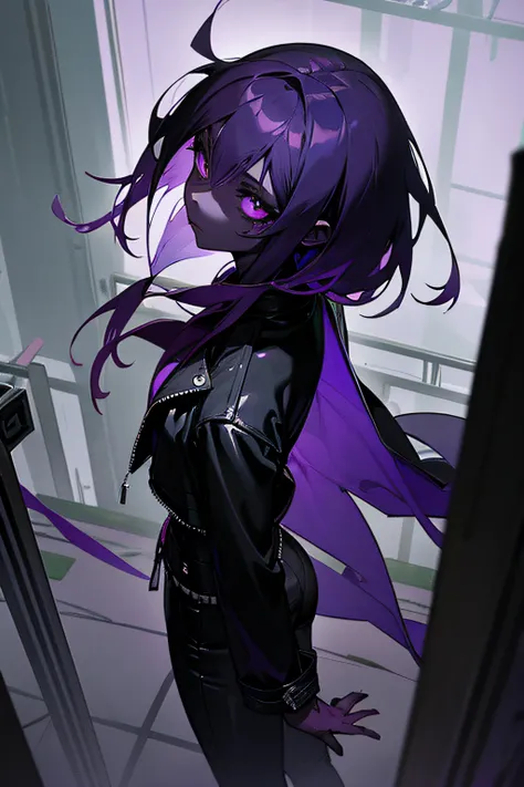 horror art, anime girl, (((dark purple skin))), split ends hair, long black leather jacket, dark pants, pale green eyes, gloomy suburb roadway, purple fog, dark night, high angle