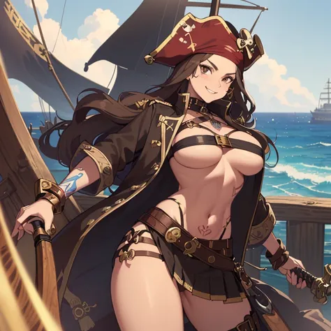 ((1 pirate woman, pirate hat, belt on pussy with a sword, open brown mini skirt, mini blouse with open zipper, skull tattoo on pussy)),((large breasts)),((very large pubic hair)) ,((big brown straight hair)),((brown eyes, smile)),((facing the viewer)),((on...