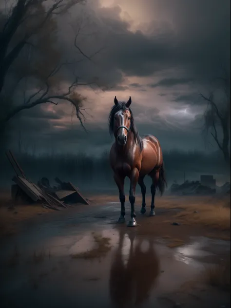 "a horse,post-apocalyptic scenery,rainy weather,cloudy detailed sky,night,cold weather,cool temperature settings,masterpiece,rendered by Nvidia,best quality,4k,8k,highres:1.2,ultra-detailed,realistic:1.37,HDR,UHD,studio lighting,ultra-fine painting,sharp f...