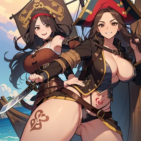 ((1 pirate woman, pirate hat, belt on pussy with a sword, open brown mini skirt, mini blouse with open zipper, skull tattoo on pussy)),((large breasts)),((very large pubic hair)) ,((big brown straight hair)),((brown eyes, smile)),((facing the viewer)),((on...