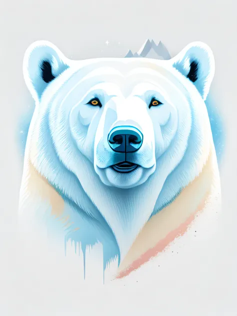 head of a polar bear, ao fundo picos de gelo e neve, design de camiseta, rzminjourney, arte vetorial, fundo branco