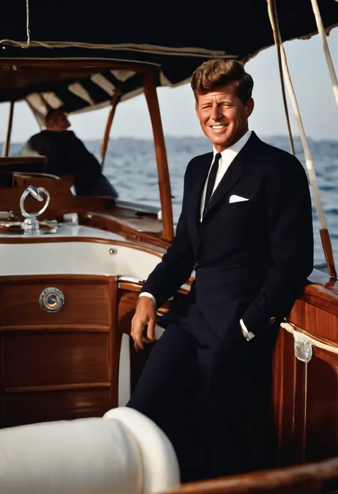 A photo of Kennedy enjoying a morning sail on a classic wooden yacht,original,John F. Kennedy, the 35th President of the United States, was renowned for his handsome, charismatic appearance, with his wavy hair, engaging smile, and a sense of style that exu...