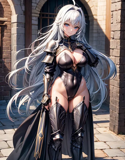 Woman knight、a beauty girl、huge tit、Excellent style、Nice Buddy、Black leotard、s Armor、gauntlets、greave、hair adornments、Exposure、silber hair、Longhaire、Ahoge、is standing、full body seen、Equal to the size of the body、Camera Viewpoint、Gentle smile、No cloak、Medie...