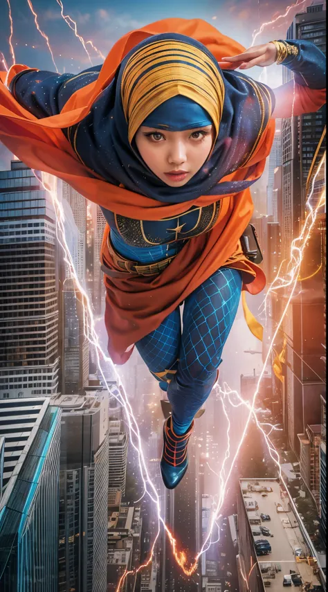 Create a dynamic and action-packed photomanipulation reminiscent of Marvel superhero movies. Feature the Malay girl in hijab showcasing her unique superpowers in a cityscape, surrounded by vivid colors and high-energy effects