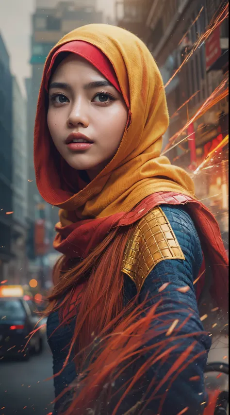 Create a dynamic and action-packed photomanipulation reminiscent of Marvel superhero movies. Feature the Malay girl in hijab showcasing her unique superpowers in a cityscape, surrounded by vivid colors and high-energy effects