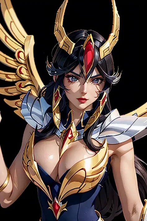 There is an adult European woman , Saint Seiya , Phoenix Cloth, Dark hair, red lips, Eye shadow, natural makeup, long curved hait, beautiful chest, Second Life Avatar, Beautiful screenshot, Second Life, attractive woman, high quality, highly detailed skin,...