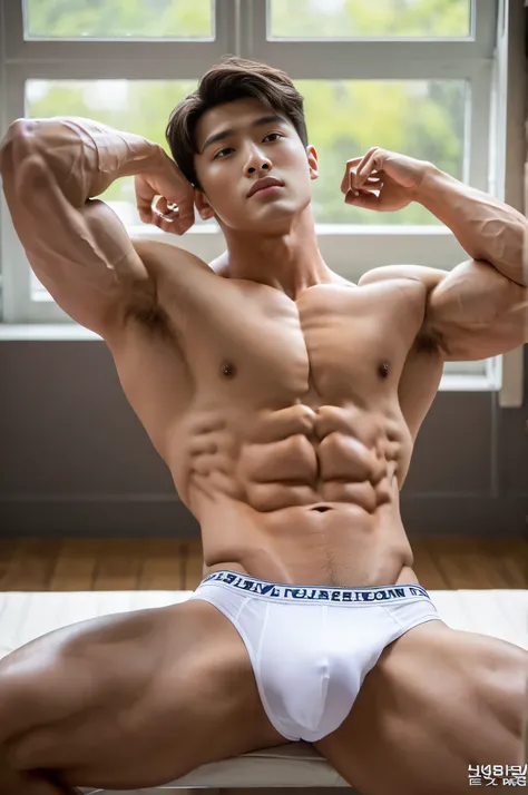 Masterpiece, Best Quality, Solo, Korean Men, bodybuilder, Muscular body, big muscle, Natural eyes, Short and delicate hair, Sexy Man, looking up at viewer, mens underwear, Erection, legs open, Muscular posture