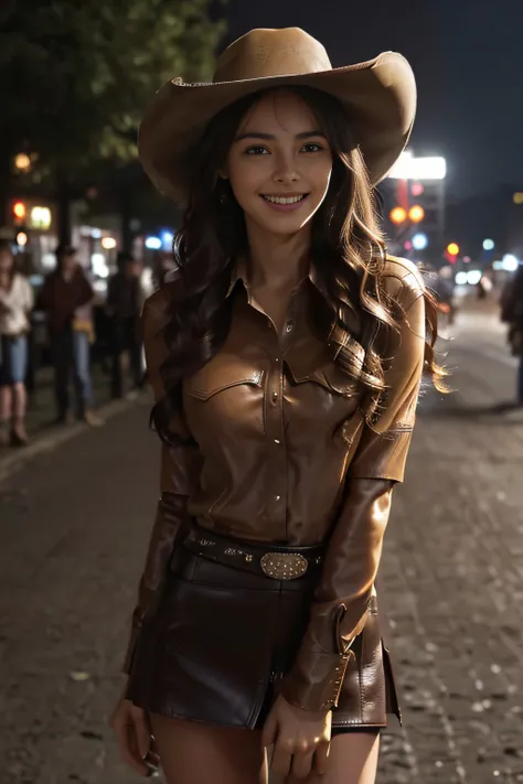 ((beautiful a girl:1.3))((Western shirt and brown leather miniskirt:1.4))((In the street_In the crowd:1.2)),((Cowboy Hat_))((Thin_fabric:1.4))((standing there doing nothing:1.3))((with a flushed face:1.4))((breasts of medium size,:1.2))((close-up:1.2)) Bes...