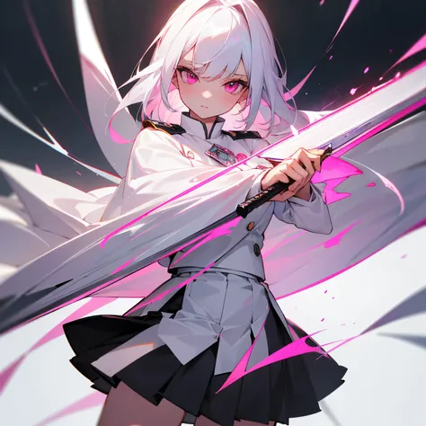 White hair, (pink eyes:1.1), black skirt, white uniform, pleated skirt, skirt, white cape, (best quality, masterpiece, RAW photo, ultra-detailed:1.2), 1 girl, solo, looking at viewer, beautiful female, long sword in hand