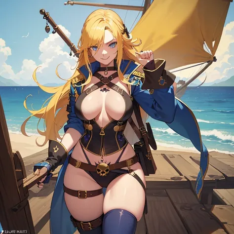 ((1 pirate woman, belt on breasts, panties with open zip, bare breasts, skull tattoo on face)),((medium breasts)),((very large pubic hair)),((large yellow hair)), ((blue eyes, smile)),((facing the viewer)),((on a pirate ship, at sea during the day)),