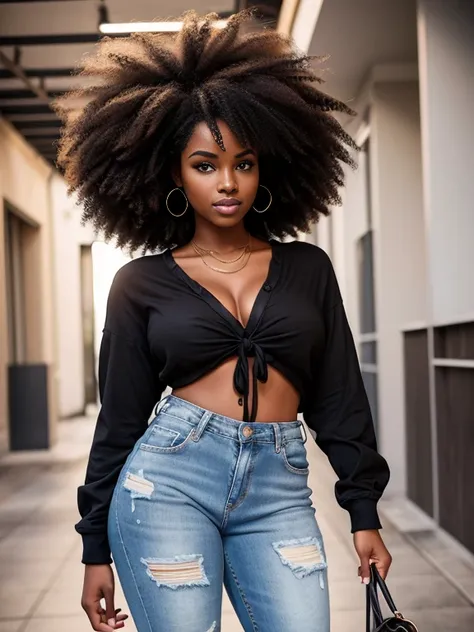 Araffe femme noire ,bouche charnue, chemisier, ripped jeans, belle belle femme, jaw dropping beauty, beautiful woman, avec afro, Beautiful and detailed body and face, Curly Afro, curly hair