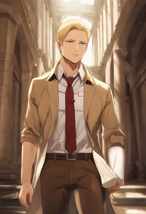 A photo of Reiner standing in front of an art gallery, admiring a powerful piece of artwork.,Attack on Titan,Reiner Braun is tall, buff, with very short blonde hair and a very short stubble goatee, small amber eyes, thin eyebrows, very masculine features. ...