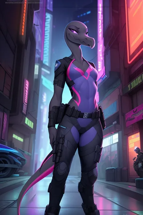 female, solo, salazzle, wearing a (tactical cyberpunk police uniform) in the streets of a cyberpunk city at midnight,character d...