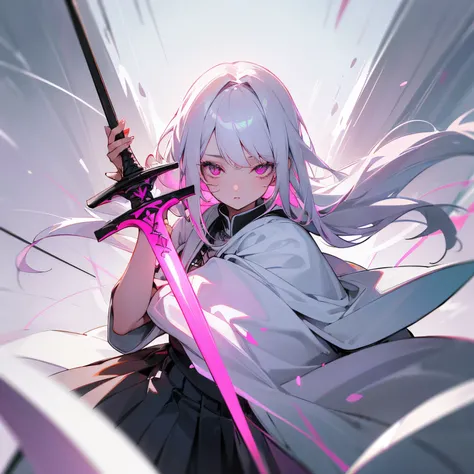 White hair, (pink eyes:1.1), black skirt, white uniform, pleated skirt, skirt, white cape, (best quality, masterpiece, RAW photo, ultra-detailed:1.2), 1 girl, solo, looking at viewer, beautiful female, long sword in hand