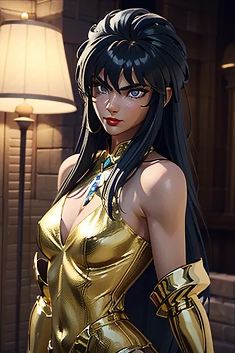 There is an adult European woman , Saint Seiya , Aquarius Gold Cloth, Dark hair, red lips, Eye shadow, natural makeup, long curved hait, beautiful chest, Second Life Avatar, Beautiful screenshot, Second Life, attractive woman, high quality, highly detailed...