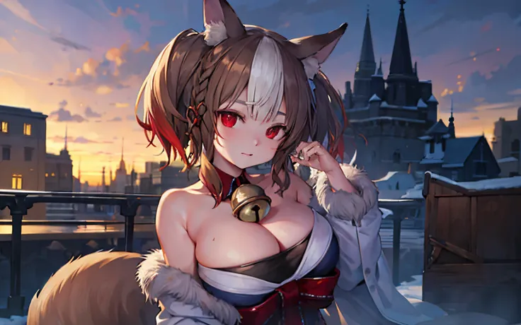 （Highest image quality），（Works of masters），（Solo exhibition：1.2），The light from the rear window is backlit，extremely detailed background，white-mist，Animal ears，1 plump girl，fox ear，through bangs，red eyes，The color hair，double tails，Animal ear hair，Brown ha...