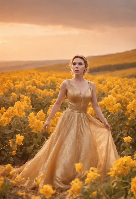 scarlett johansson gold dress in the flower fields on a hill with sunset in the background