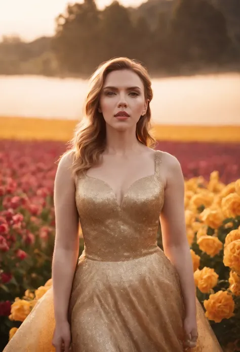 scarlett johansson gold dress in the flower fields on a hill with sunset in the background