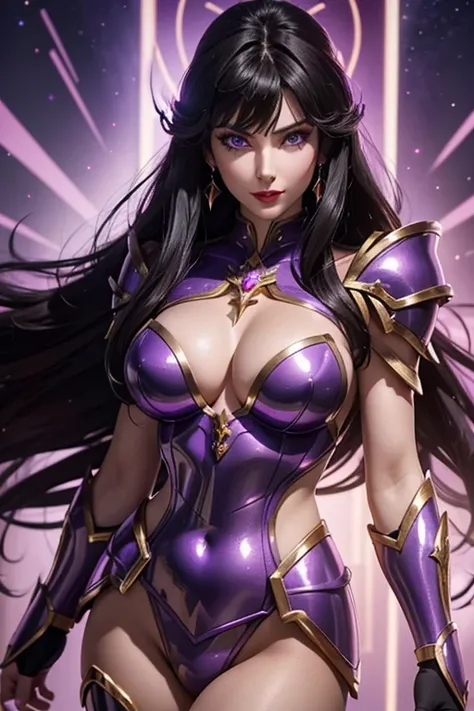 There is an adult European woman , Saint Seiya , Unicorn Purple armor, Dark hair, red lips, Eye shadow, natural makeup, long curved hait, beautiful chest, Second Life Avatar, Beautiful screenshot, Second Life, attractive woman, high quality, highly detaile...