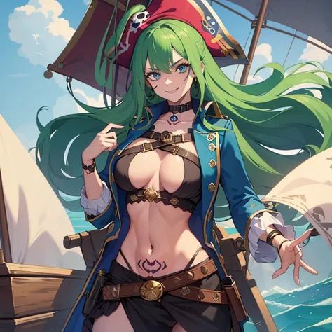 ((1 pirate woman, belt on breasts, filtered panties, bare breasts, skull tattoo on face)),((medium breasts)),((very large pubic hair)),((large green hair)),(( blue eyes, smile)),((facing the viewer)),((on a pirate ship, at sea during the day)),