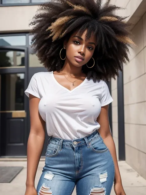 Araffe femme noire ,bouche charnue, chemisier, ripped jeans, jaw dropping beauty, beautiful woman, avec afro, Beautiful and detailed body and face, Curly Afro, curly hair