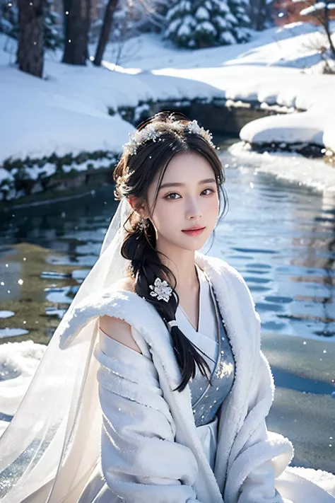 photo-realism、top-quality、超高分辨率、photore、Photos of the most beautiful Nordic girls in the world、The princess on the snow mountain wears a gorgeous white robe，The robe is studded with sparkling silver gems，Like stars in the ice and snow。Her hair was styled i...