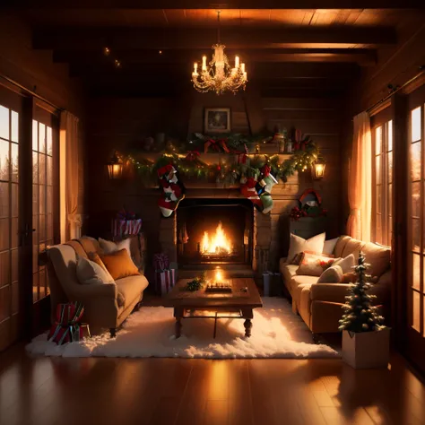 Ultra HD inside the most idyllic cozy christmas cabin, 8k, octane render, Christmas decorations and lights