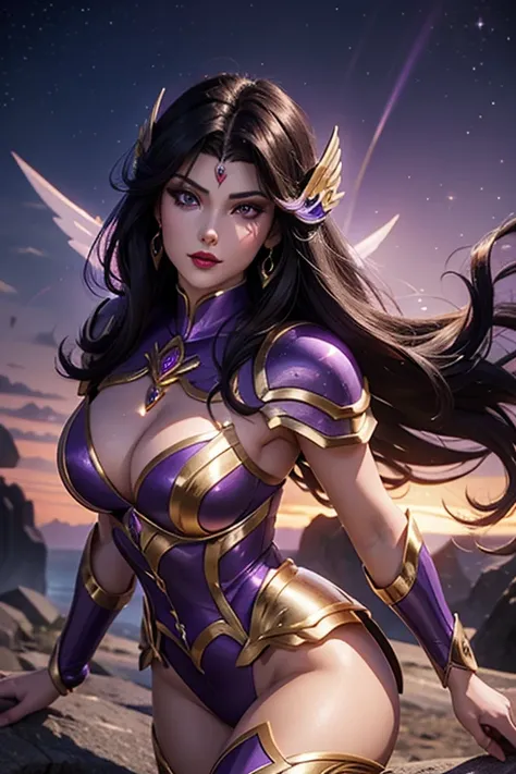 There is an adult European woman , Saint Seiya , Unicorn Purple armor, Dark hair, red lips, Eye shadow, natural makeup, long curved hait, beautiful chest, Second Life Avatar, Beautiful screenshot, Second Life, attractive woman, high quality, highly detaile...