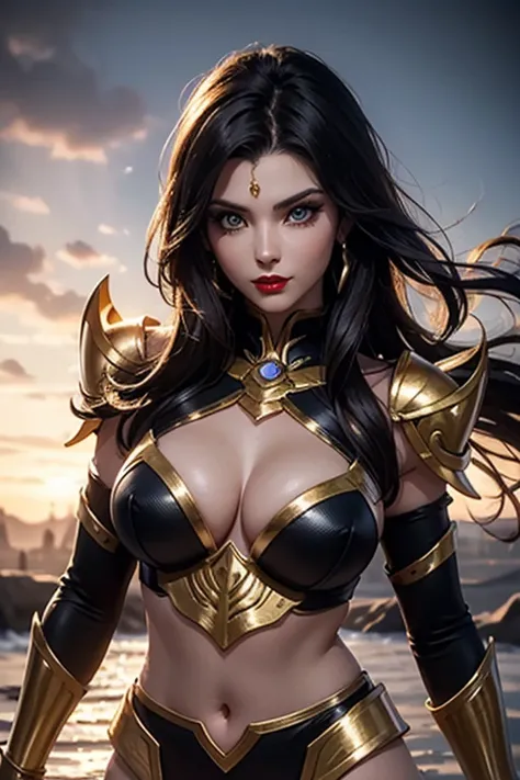 There is an adult European woman , Saint Seiya , Penguin Armor, Dark hair, red lips, Eye shadow, natural makeup, long curved hait, beautiful chest, Second Life Avatar, Beautiful screenshot, Second Life, attractive woman, high quality, highly detailed skin,...