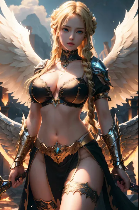 generate aselica from kings raid , best quality, masterpiece, 1girl, (solo:1.1), raytracing, ultra detailed, 8k wallpaper, multiple wings, angel wings, large breast. (blonde braided hair:1.1), looking at viewer, collarbone, cleavage, holding mythical sword...