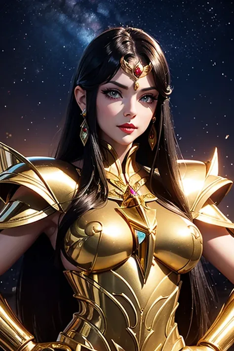 There is an adult European woman , Saint Seiya , Virgo Gold armor, Dark hair, red lips, Eye shadow, natural makeup, long curved hait, beautiful chest, Second Life Avatar, Beautiful screenshot, Second Life, attractive woman, high quality, highly detailed sk...