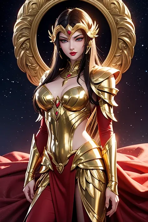 There is an adult European woman , Saint Seiya , Virgo Gold armor, Dark hair, red lips, Eye shadow, natural makeup, long curved hait, beautiful chest, Second Life Avatar, Beautiful screenshot, Second Life, attractive woman, high quality, highly detailed sk...