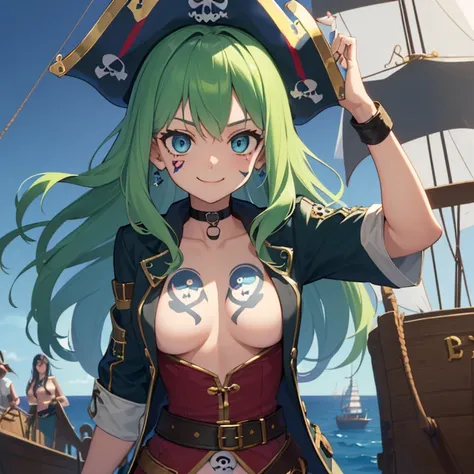 ((1 pirate woman, belt on breasts, filtered panties, bare breasts, skull tattoo on face)),((medium breasts)),((very large pubic hair)),((large green hair)),(( blue eyes, smile)),((facing the viewer)),((on a pirate ship, at sea during the day)),