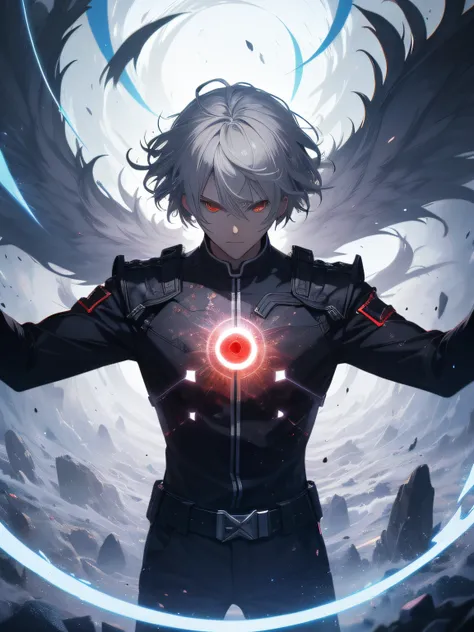 Gray-haired artificial soul, Red-eyed male protagonist emerging from his body, It is represented as etheric energy with a swirling pattern, When He Confronts God Who Reigns in the Heavenly Realm