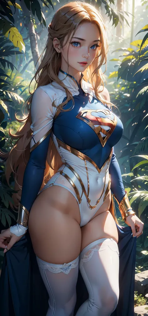 1female，45 yers old，Married woman，熟妇，Large breasts，long leges，big chest and thin waist， photo exposure， 独奏，（Background with：at a forest，the rainforest，in summer） She has long blonde hair，Redlip，Stood up，seen from the front， curlies， The sky is mostly cloud...