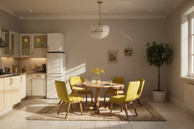 Crazy meticulous dollhouse, kitchen, Cute 3d render, Attractive lights and shadows, White and yellow cushions, architecture, tables and chairs, Indoors, Building, rug, a plant, Home décor, sofe, chair, Interior design