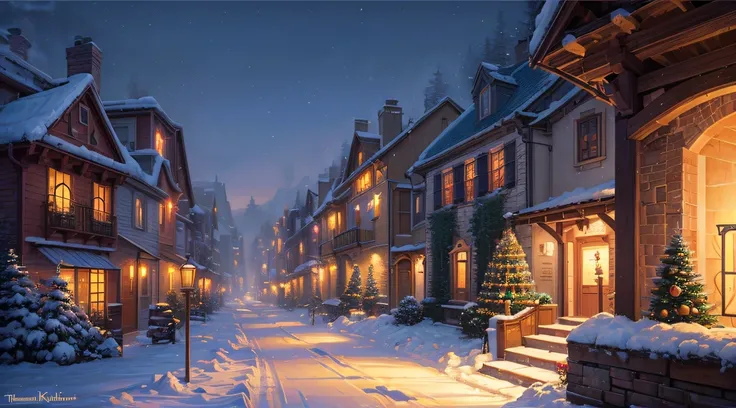 villaggio di Natale con un albero di Natale e una slitta piena di regali, notte di Natale, notte di Natale invernale innevato, ( ( thomas kinkade ) ), (((thomas kinkade))), sfondo HD, di Thomas Kinkade, di thomas kinkade, thomas kinkade dipinto, di artista...