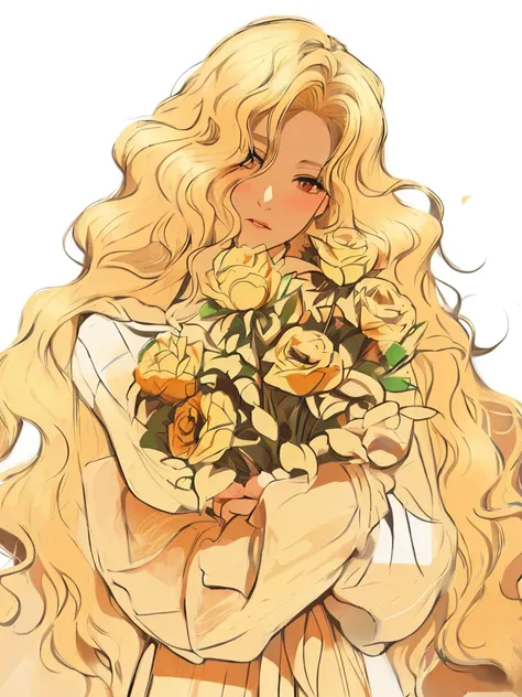 blond haired girl with long hair holding a bouquet of flowers, blonde anime girl with long hair, anime girl with long hair, curly blonde hair | d & d, with flowers, blonde - haired princess, beautiful anime woman, with long blond hair, 🍁 cute, beautiful an...