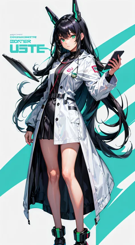 Cyber doctor girl, long medical white coat, Long black hair, Green eyes, full length image, Static posture, looks at the viewer, holding a tablet in his hand, whitebackground