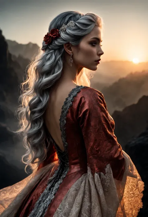 a peaceful fantasy game character standing sideways, ornate art gown, engraving, lace, leather, sunset, soft body, flowing hair, Shadow play, top view, light, mist, moody, glossy silver hair, earthy, vivid, red, cream, brown, peach, coal texture, ash, cine...