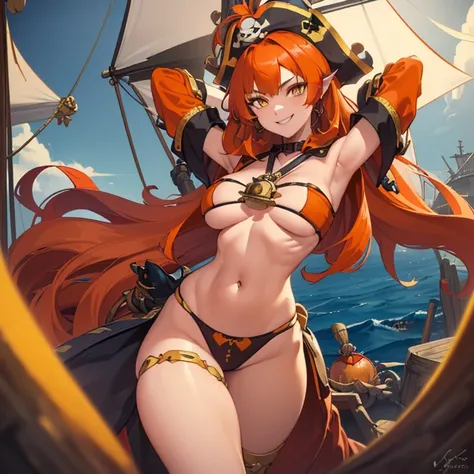 ((1 pirate monster woman, filtered panties, bare breasts, with arms with a big crab claw)),((medium breasts)),((very large pubic hair)),((big orange hair)),( (yellow eyes, smile)),((facing the viewer)),((on a pirate ship, at sea during the day)),