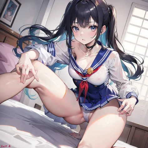 Get down on the bed，Kneeling pose，spread your legs，a sailor suit，Large exposed breasts，barechested：1.4，