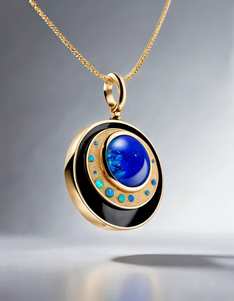 Item design, pendant design, Logo design, (a simple round pendant), （Set double opal）, Black gold border, lapis lazuli，turquesa，black shell，Cancer symbol, Cancer motif, Van Cleef & Arpels & alpes, cartier, Background with: The white,author：John Pawson,Toyo...