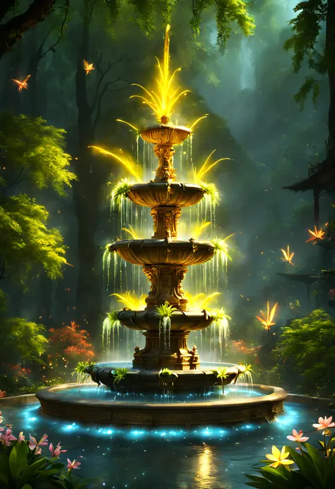 tmasterpiece，best qualtiy，（The is very detailed的 CG unified 8k 壁纸），（best qualtiy），（Most Best Illustration），（best shadow），（a fantastic fountain: 1.8），Glowing insects and glowing fountain，Fountain of eternal water，Natural elements of forest theme。Mysterious ...