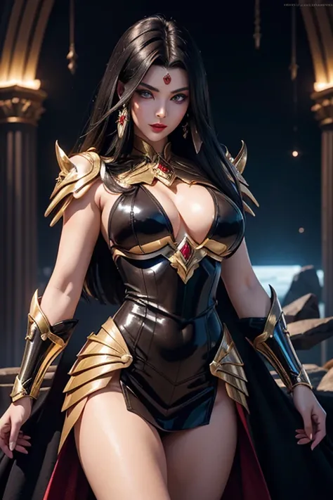 There is an adult European woman , Saint Seiya , Penguin Armor, Dark hair, red lips, Eye shadow, natural makeup, long curved hait, beautiful chest, Second Life Avatar, Beautiful screenshot, Second Life, attractive woman, high quality, highly detailed skin,...